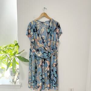 Jessy B Blue Floral Print Faux Wrap Midi Dress Size 3X